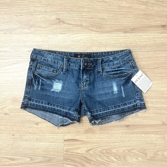 GUESS Women's Blue Distressed Low Rise Denim Jean Shorts w/ Raw Hem - Picture 1 of 5